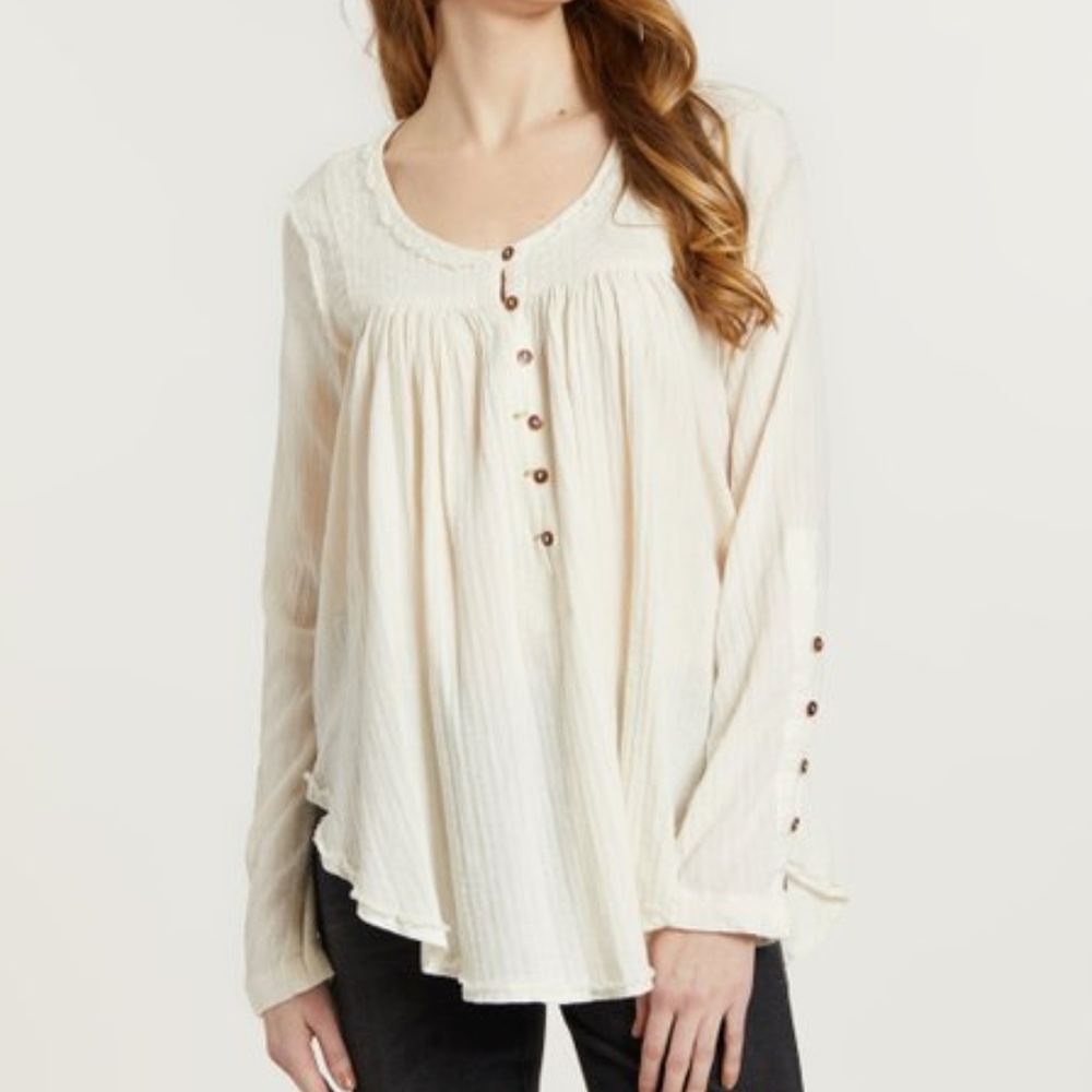 Free People Cream Gauzy Button-Peplum Boho Top
